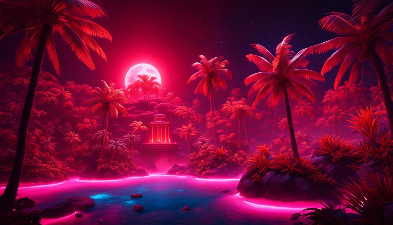 BRIGHT  WARM  NEON  RED COLORED  TROPICAL JUNGLE ON  THE BLA...