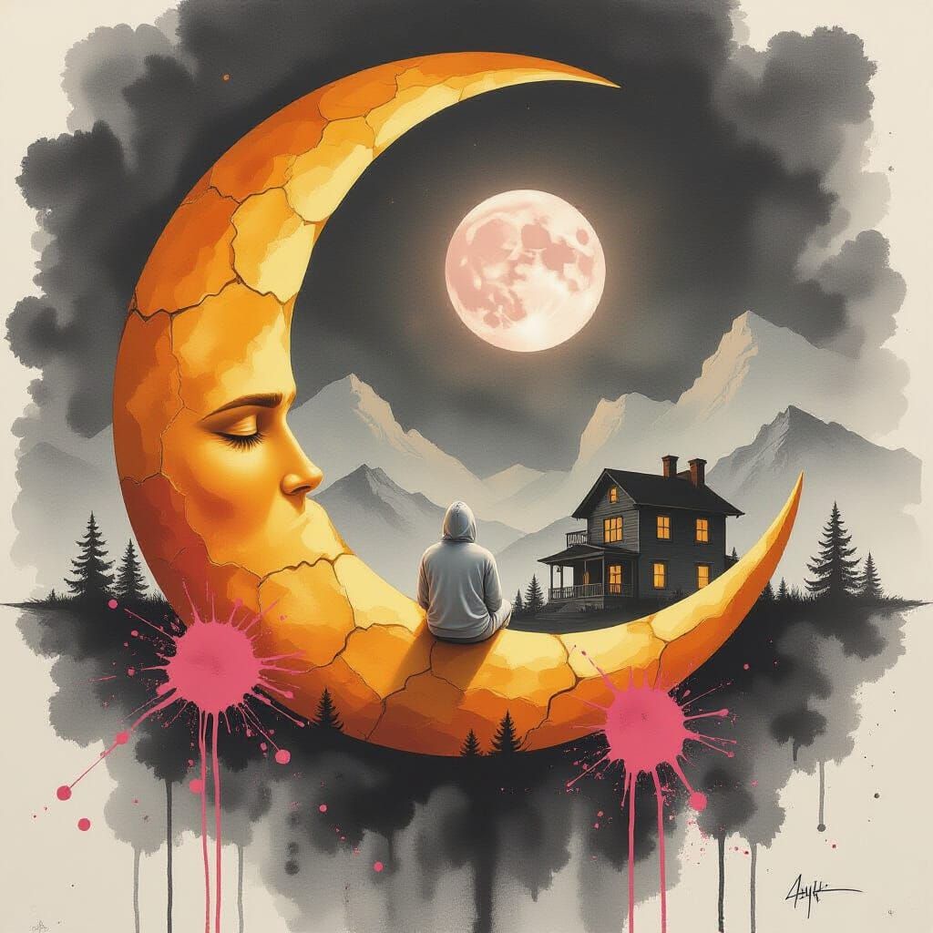 The central element is a large golden-orange crescent moon, covered in cracks and dark shadows, giving it an earthy or aged appearance. It i...