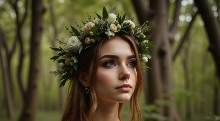 Fairy Elf Woman in Wedding Dress in Woods