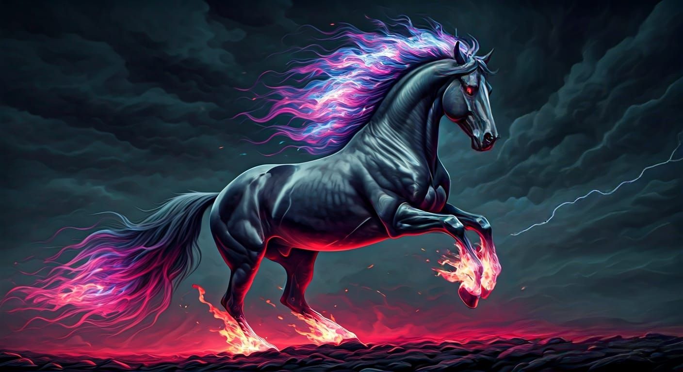 A galloping coal black stallion, with reddish-purple fire blowing from it's nostrils and hooves. It's ...  by @FBPanther