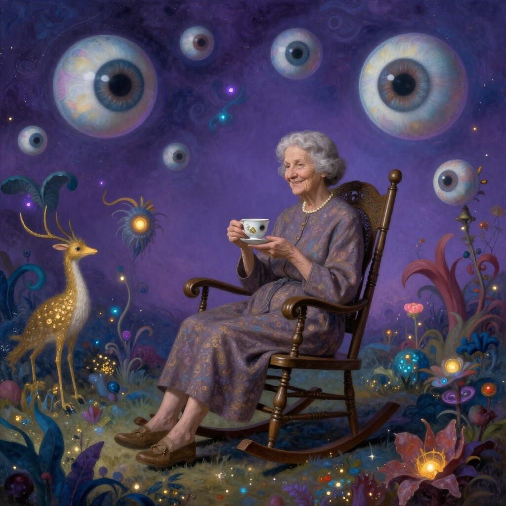 Grandma drinking Tea in a Surreal Landscape  by @MrMachineElf