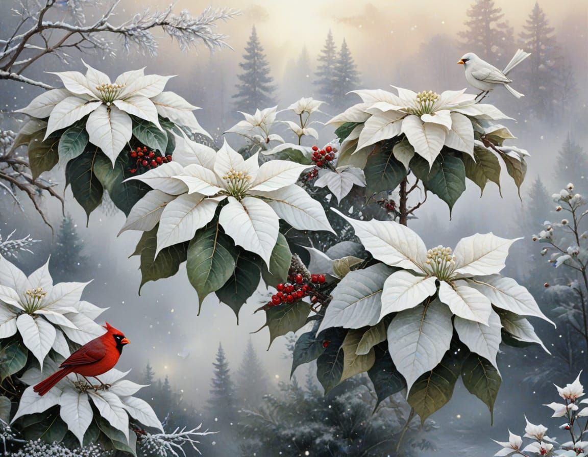 Ethereal White Poinsettias with Cardinal in Misty Fantasy La...