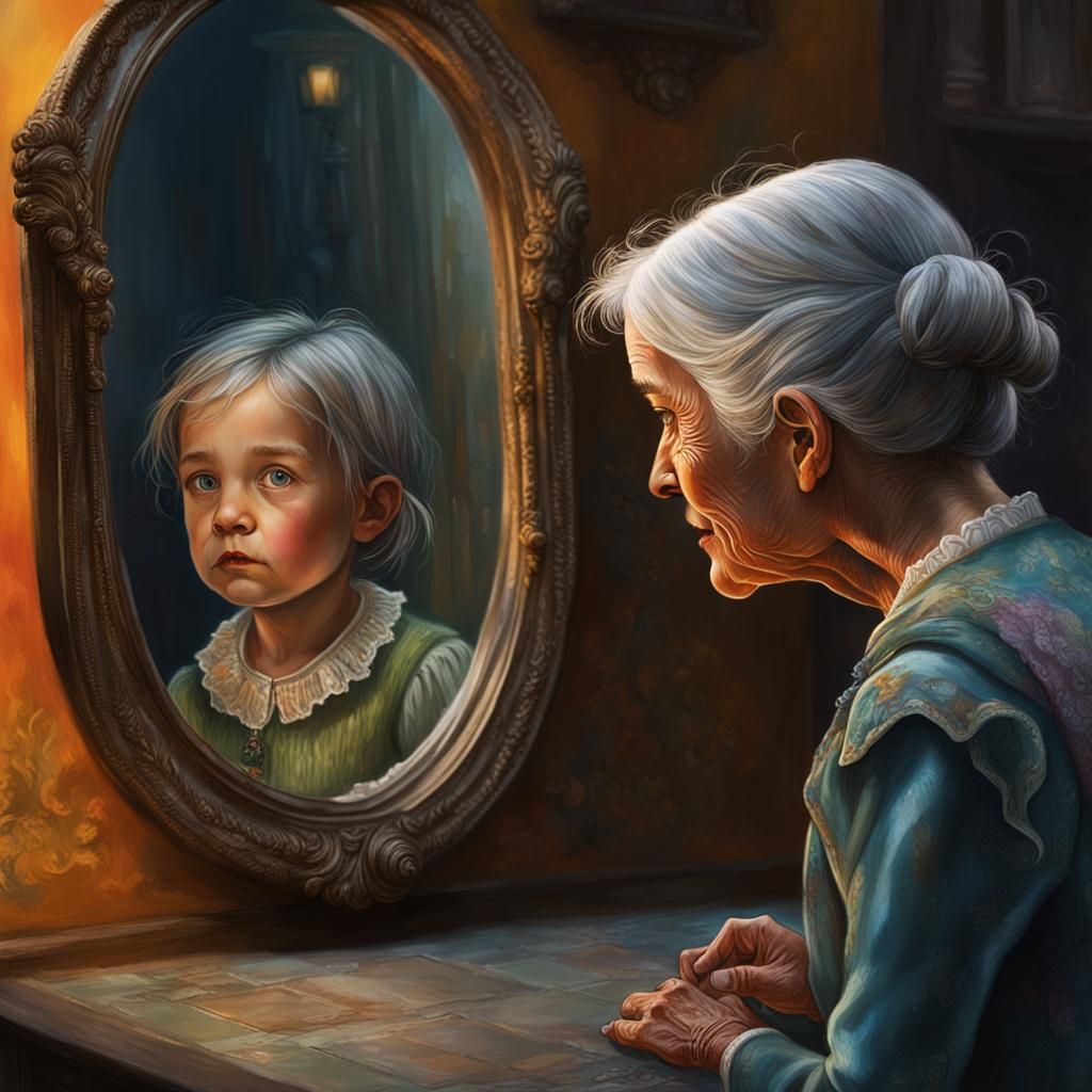 An old woman looks into a mirror, the reflection of a little girl looks out from inside the mirror, Dorian ...  by @StoryPictures