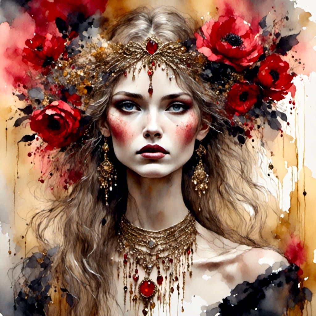 <lora:A chorus of colour:1.0> Vivid inks and watercolour. Beautiful woman with crystal eyes. Style of Camille Utterback . Fantasy desert bac...