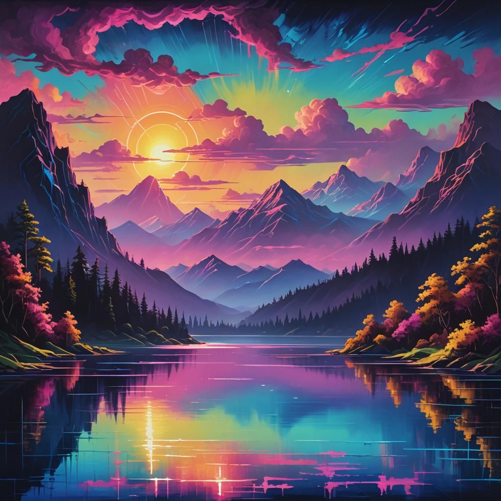 Synthwave Neon Landscape with Retrofuturistic Aesthetic