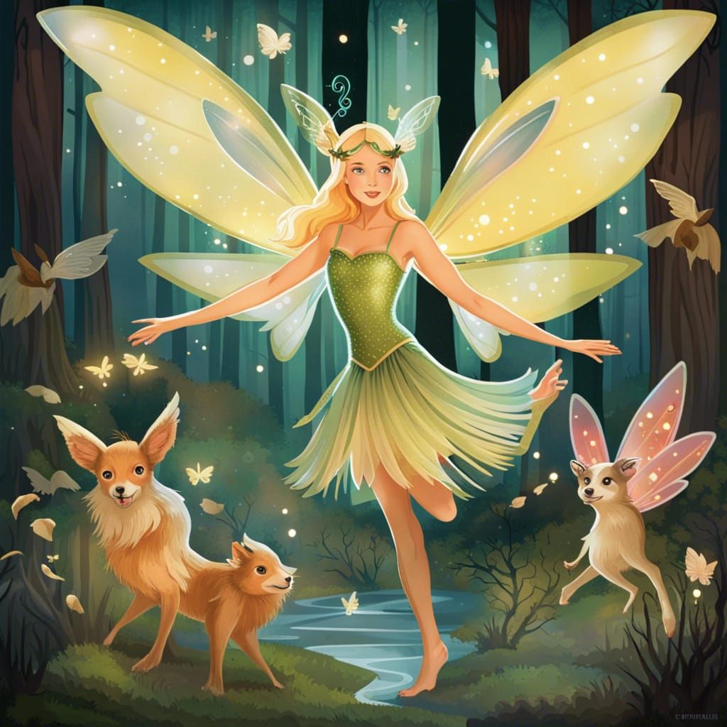 glittering fairy with cute woodland animals