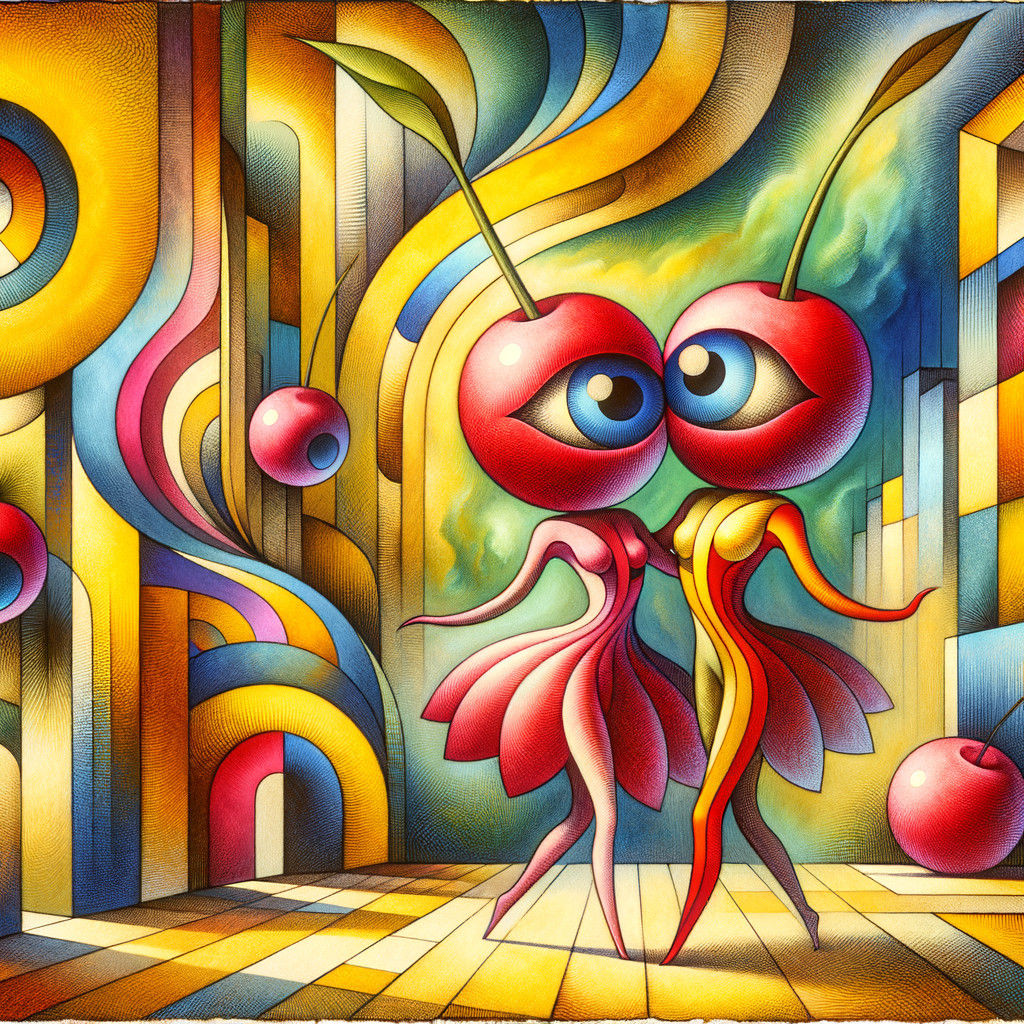 Famous couples: dancers, cherries, eyes, in colorful and surreal chaos