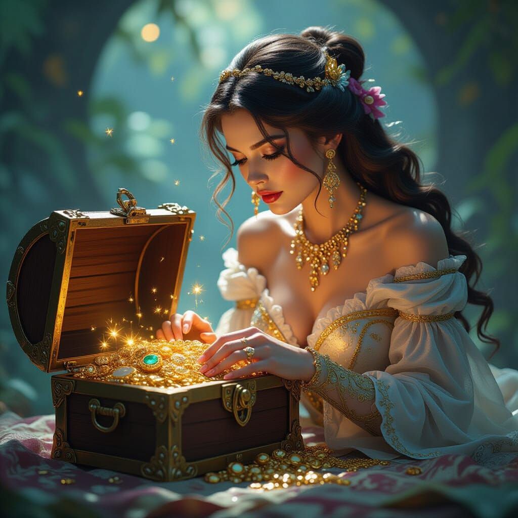 A woman looking into a treasure chest, full of gold and jewels.  by @R Dean Reynolds