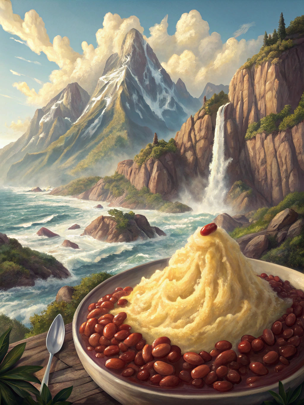 A majestic mountain range of creamy, golden mashed potatoes ...