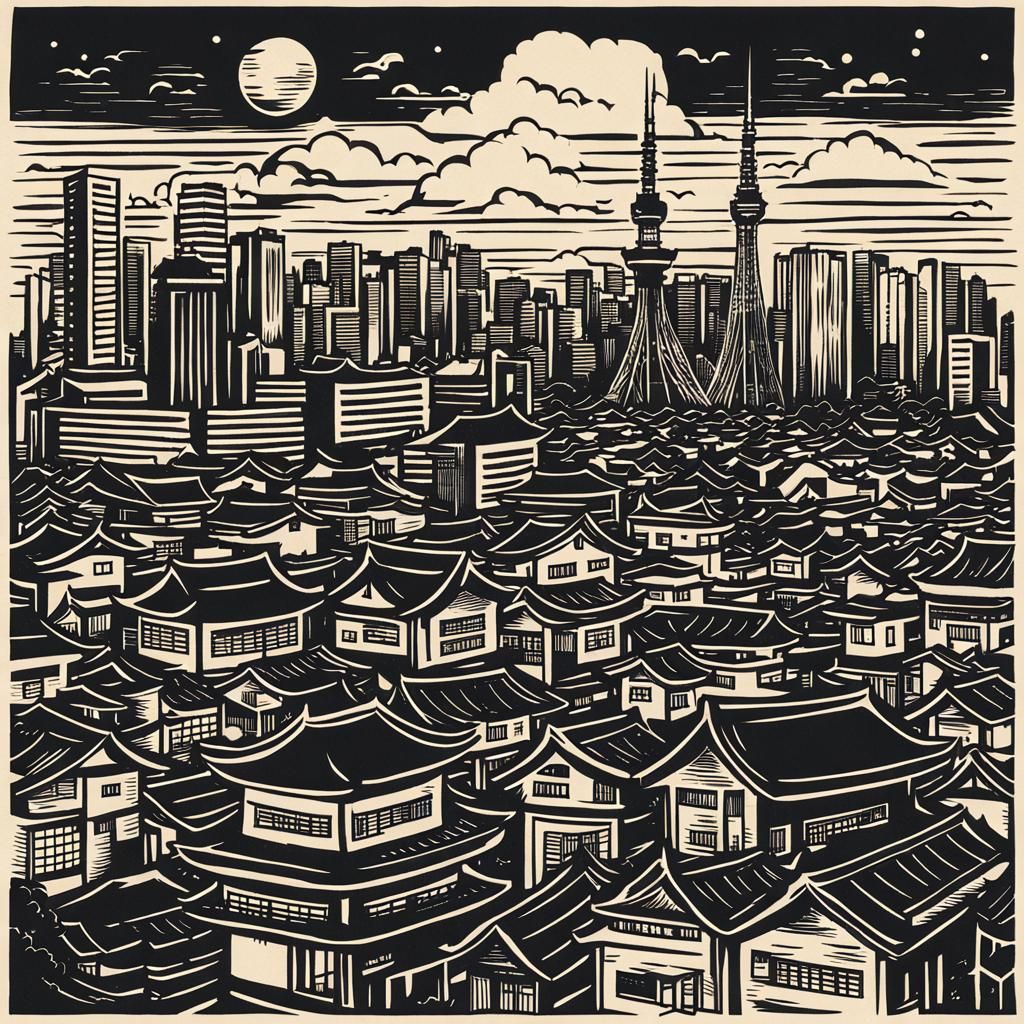 Tokyo city made in linocut style