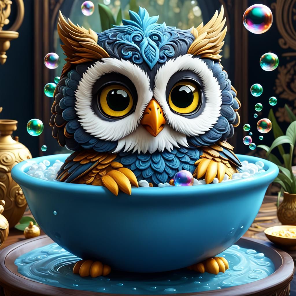 chibi owl taking a bubble bath  by @Caz Prophetess