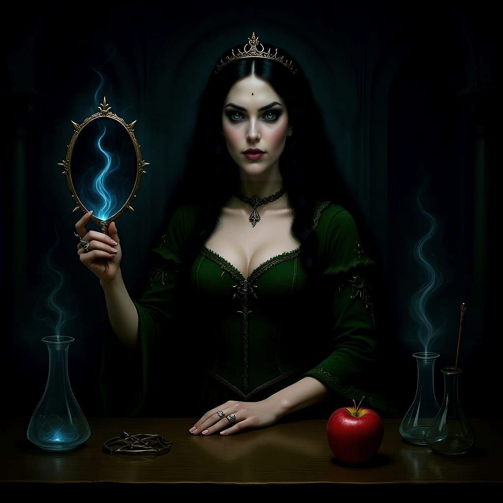 Dark fantasy art book cover: A young woman, resembling a mature, empowered Snow White, with raven hair and pale skin, is intensely focused o...