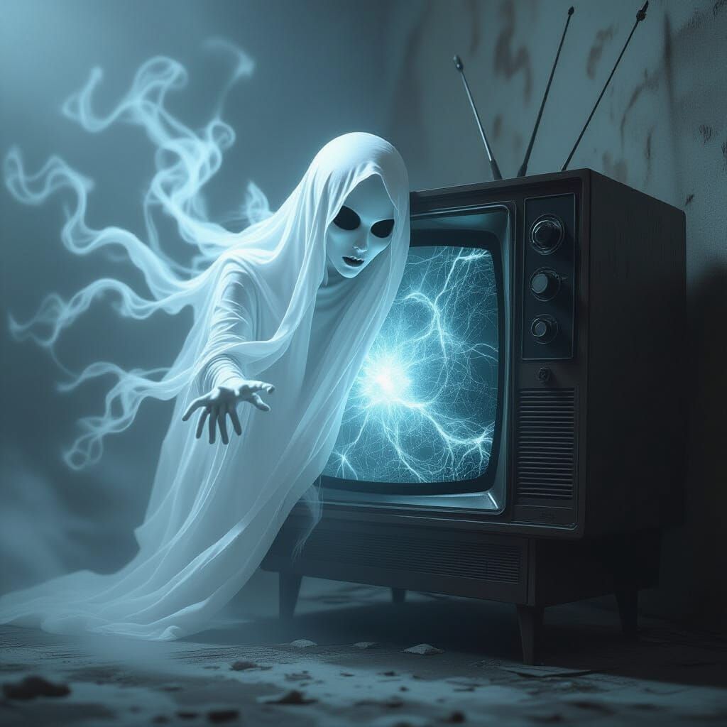 Ghostly Woman Emerges from Static TV in Gothic Horror Style