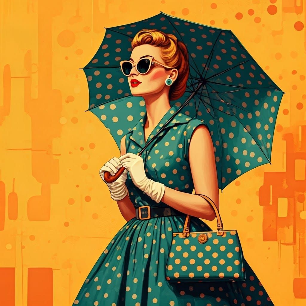 “Stylized 1950s fashion poster of a confident woman wearing a retro polka dot dress. She holds a polka-dotted ...  by @Qeir63