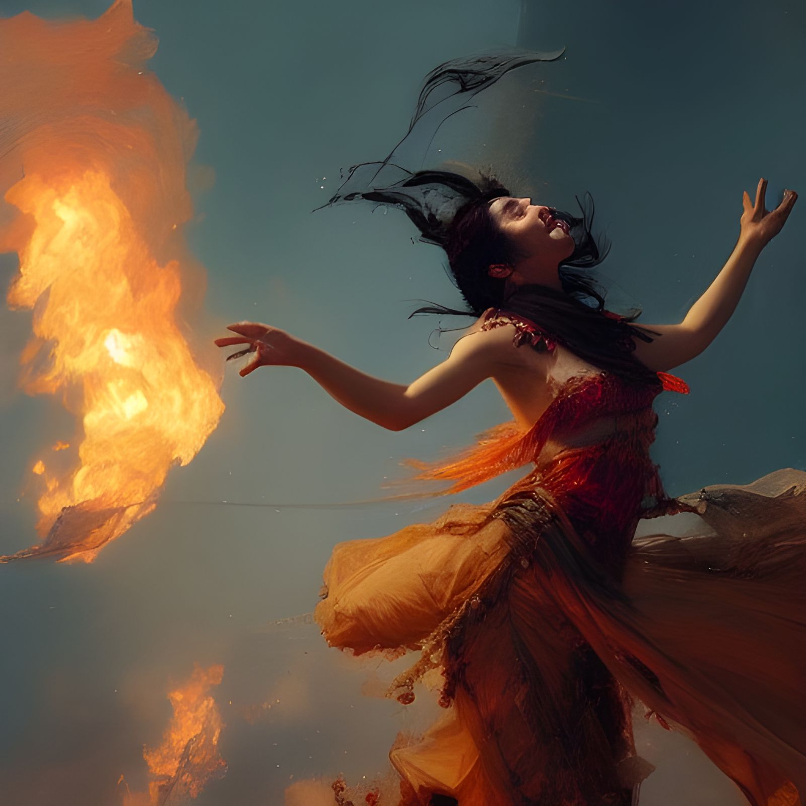 A beautiful woman, gypsy dancer, jumps over the fire, full o...