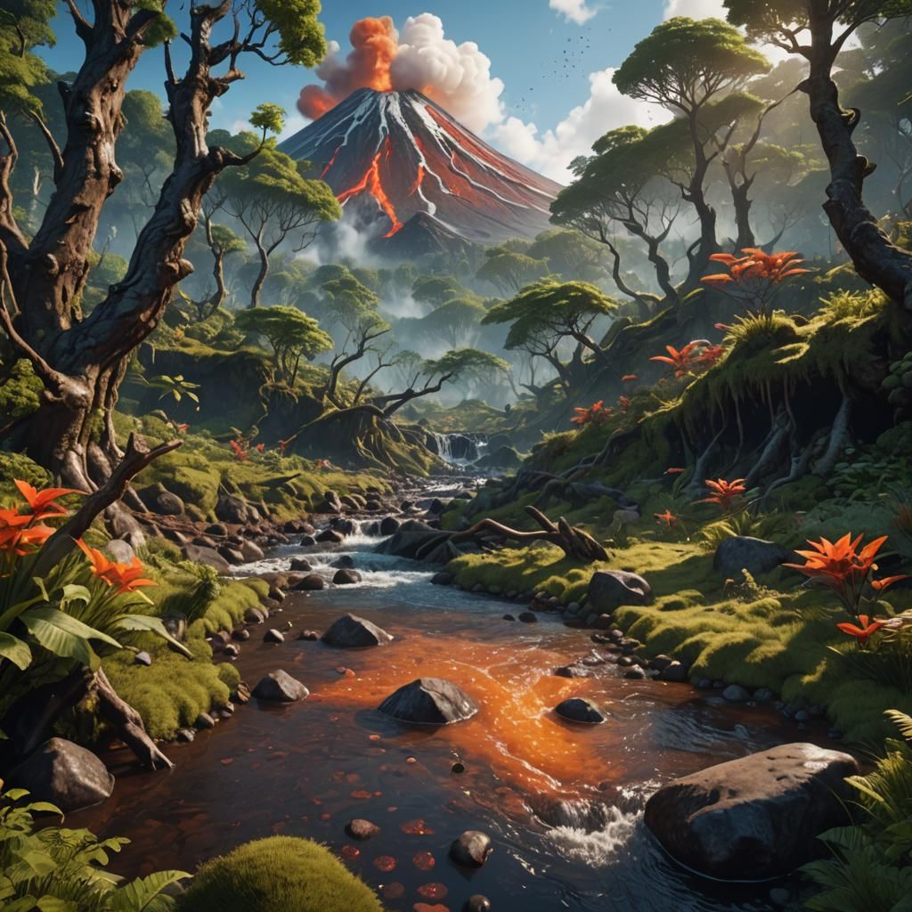 a bubbling brook in a forest with a volcano in the back