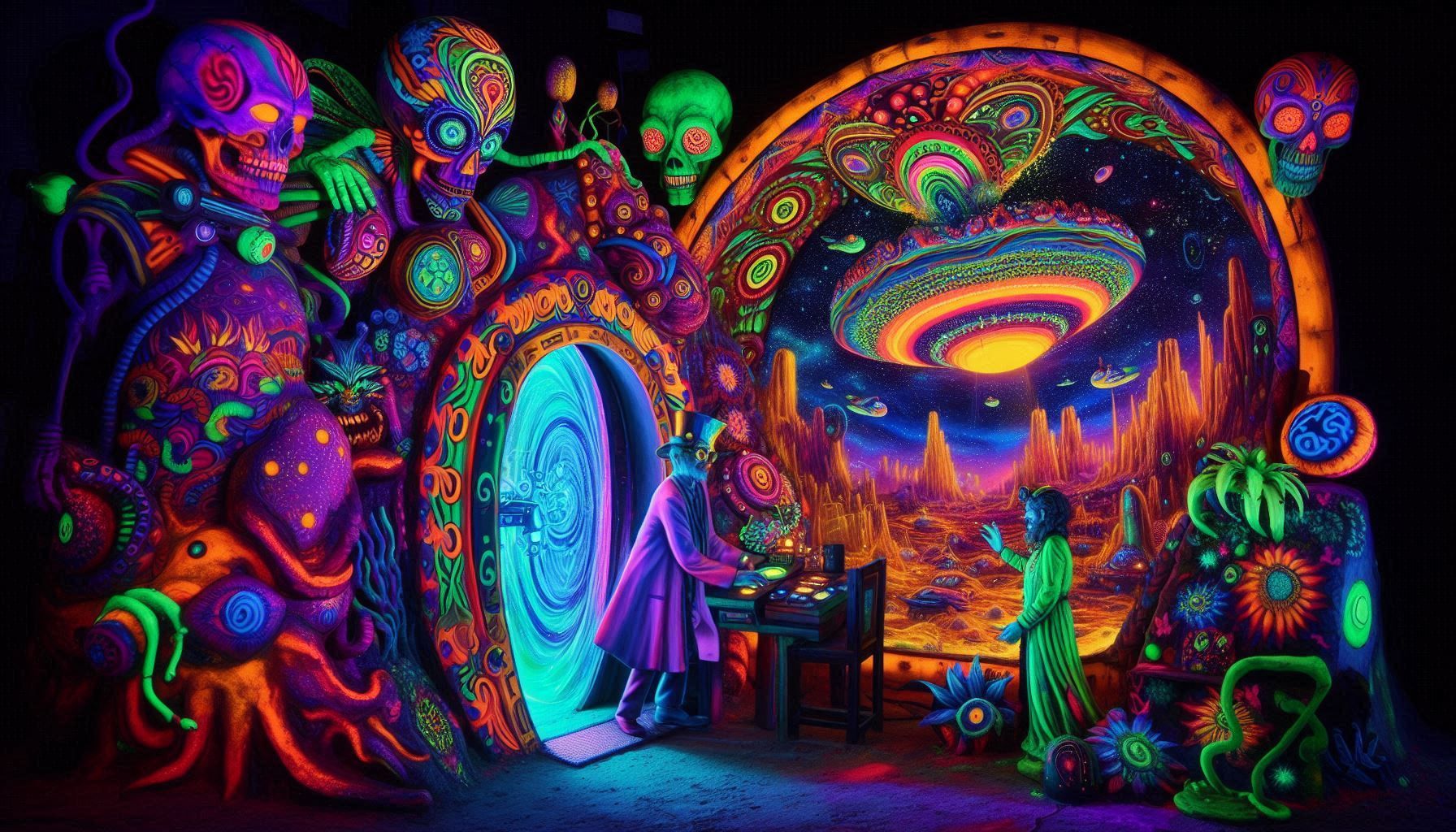 barrel lens effect, spin blur, ultraviolet glowing fluorescent colors. a fairy is sitting on the toilet with an empty roll-holder.  she uses...