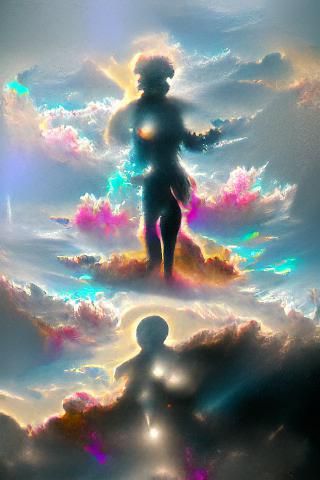 Floating human silhouette radiating bright light clouds