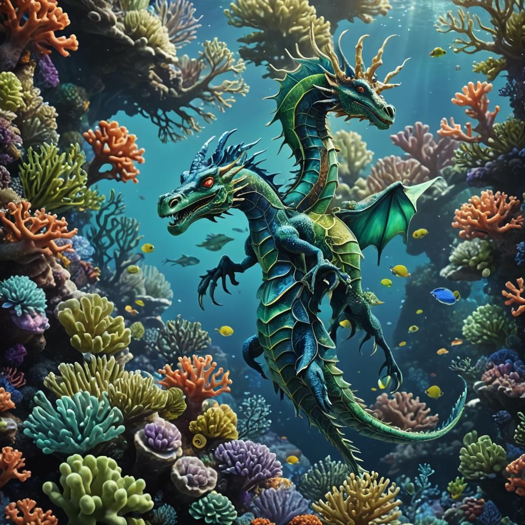 A majestic sea dragon, with wings and scales shimmering in s...