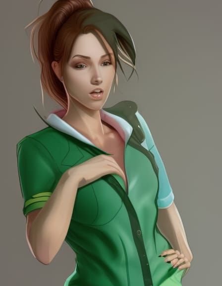 She's wearing a green lab coat over a pink tank top and shor...