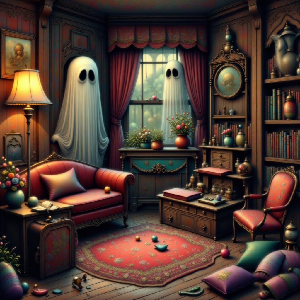 <lora:Storybook Halloween:1.0> Cozy Victorian parlor with silly ghosts peeking from behind furniture