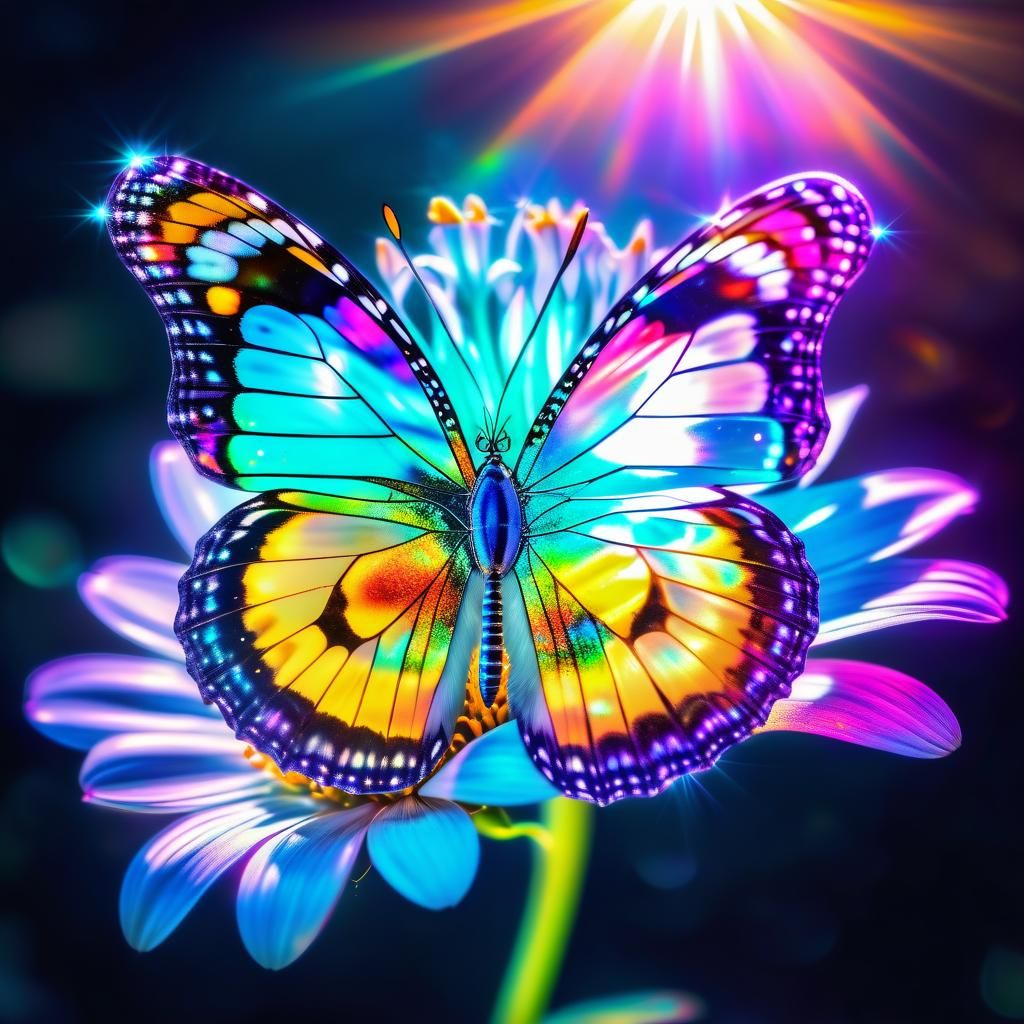 Beautiful Colourful Holographic Butterfly on a Holographic Flower ...