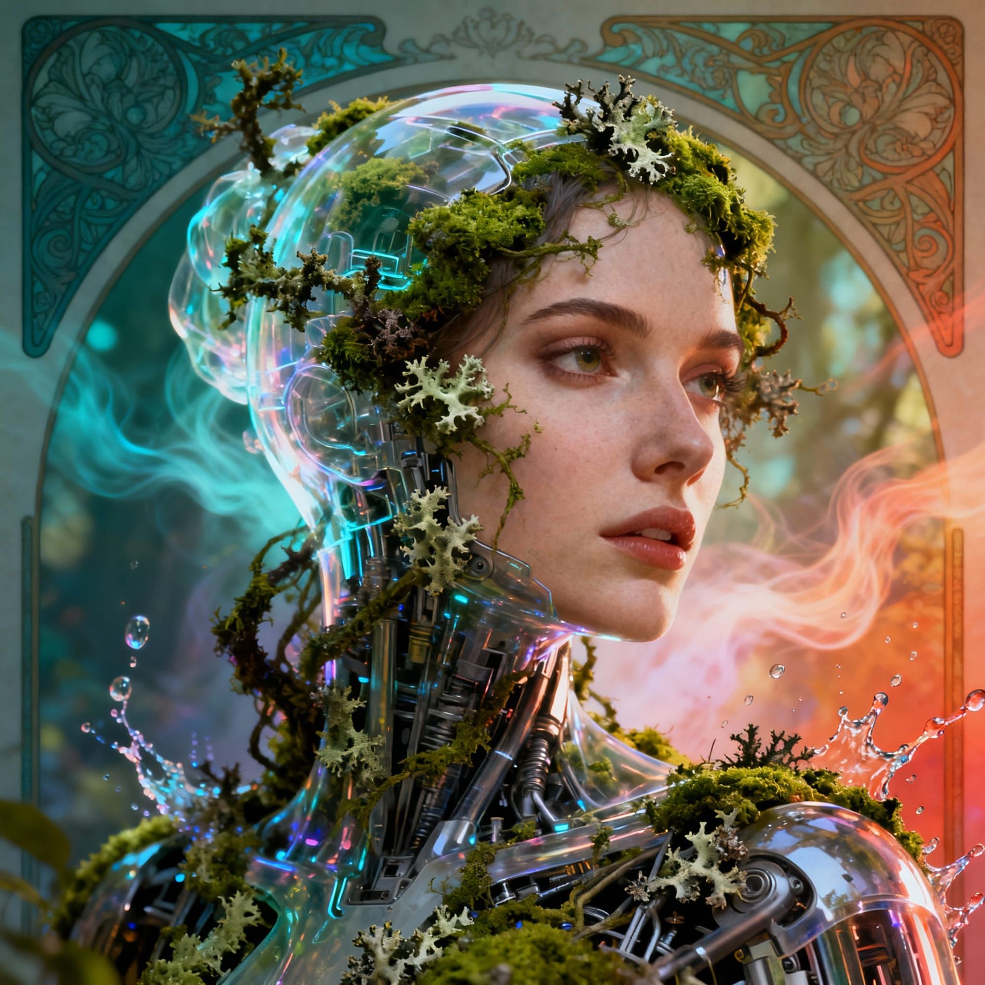 female head entangled in mosses and lichens transparent and semi digitized high detailed deep view