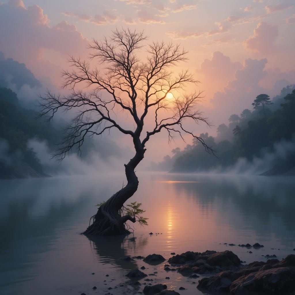 Misty Sunset Tree