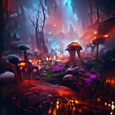 A forest covered in mushrooms from a big glowing mushroom so...