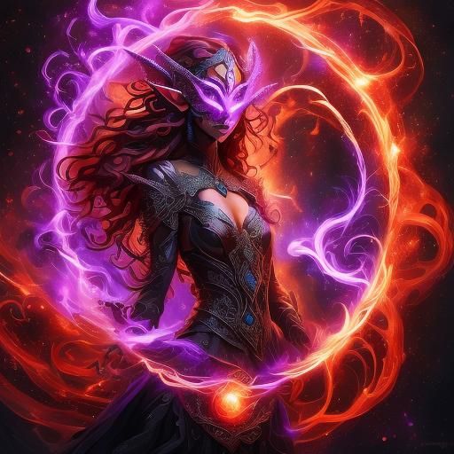 an ornate purple floral elven masquerade mask surrounded by ambient red atmospheric smoke, mysterious smiling brown-skinned masked elf, deta...