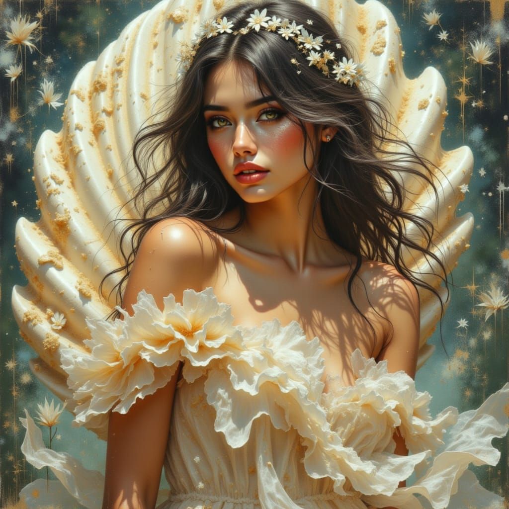 <lora:Ancient Gold:1.0> <lora:GlitchFoilFlux:1.0> <lora:GoldenHour:1.0> <lora:Don Macana Style:1.0> <lora:Radiant Portraiture:1.0> <lora:Jel...