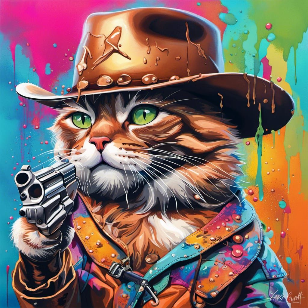 cat wearing a cowboy hat and caring pistol
