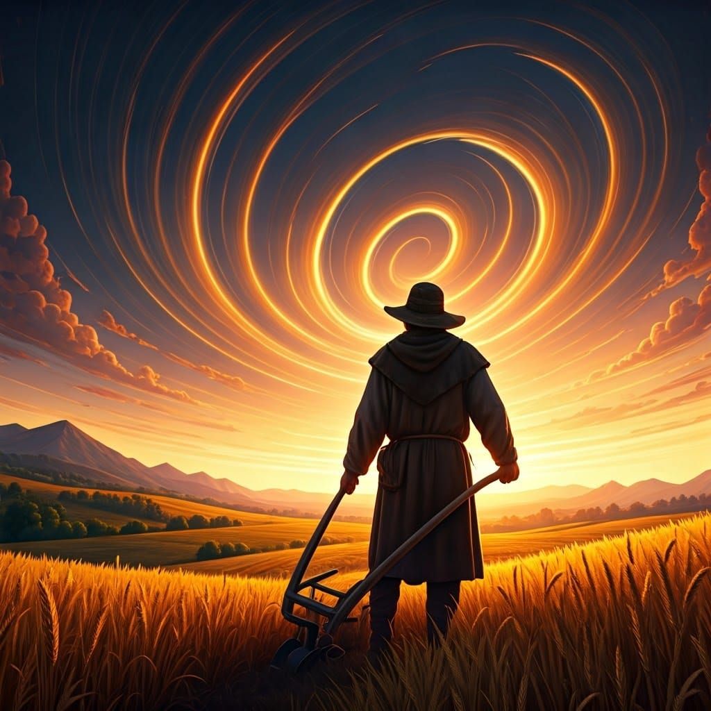 Medieval Farmer in a Vibrant Sunset Landscape with Glowing A...