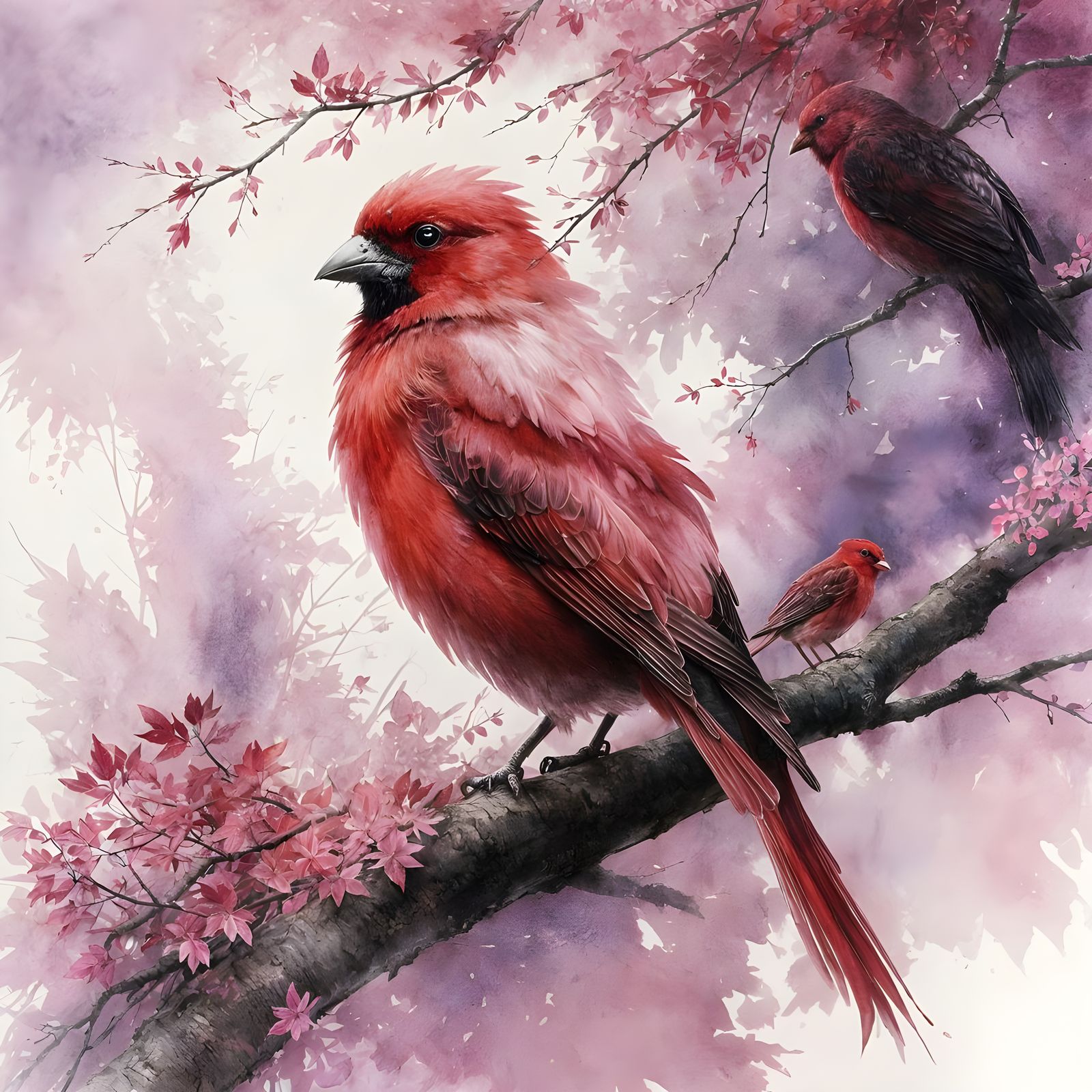 A water colour painting of a red bird sat in a tree, pink leafs on the tree. High resolution. In the ...  by @Irene