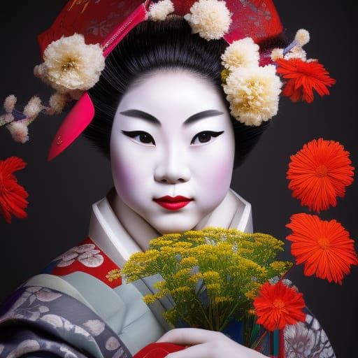 A geisha wearing a kimona arranging flowers