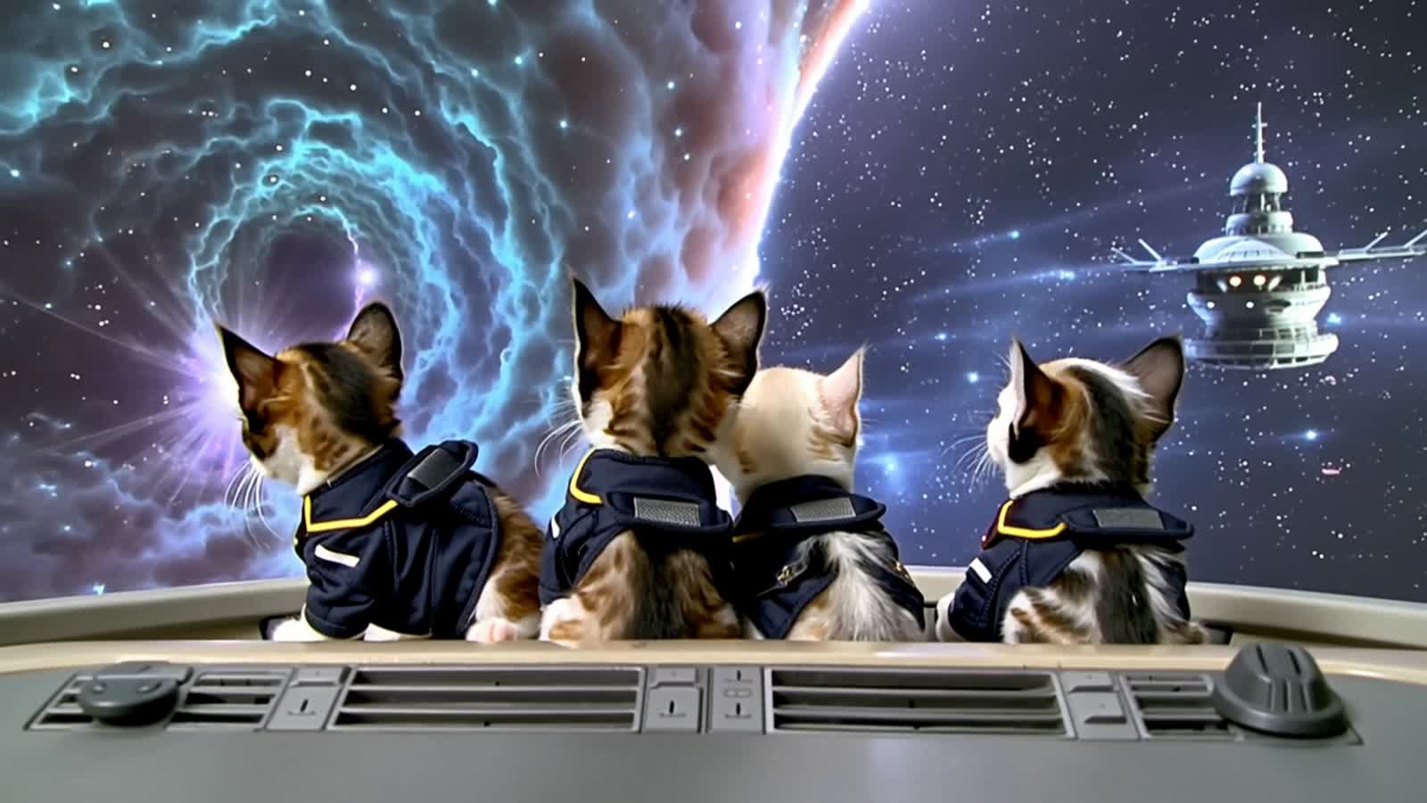 <Playful baby Siamese & baby Sphinx kittens> {kittens}{wearing little spacesuits} {aboard a spaceship} flying towards th...