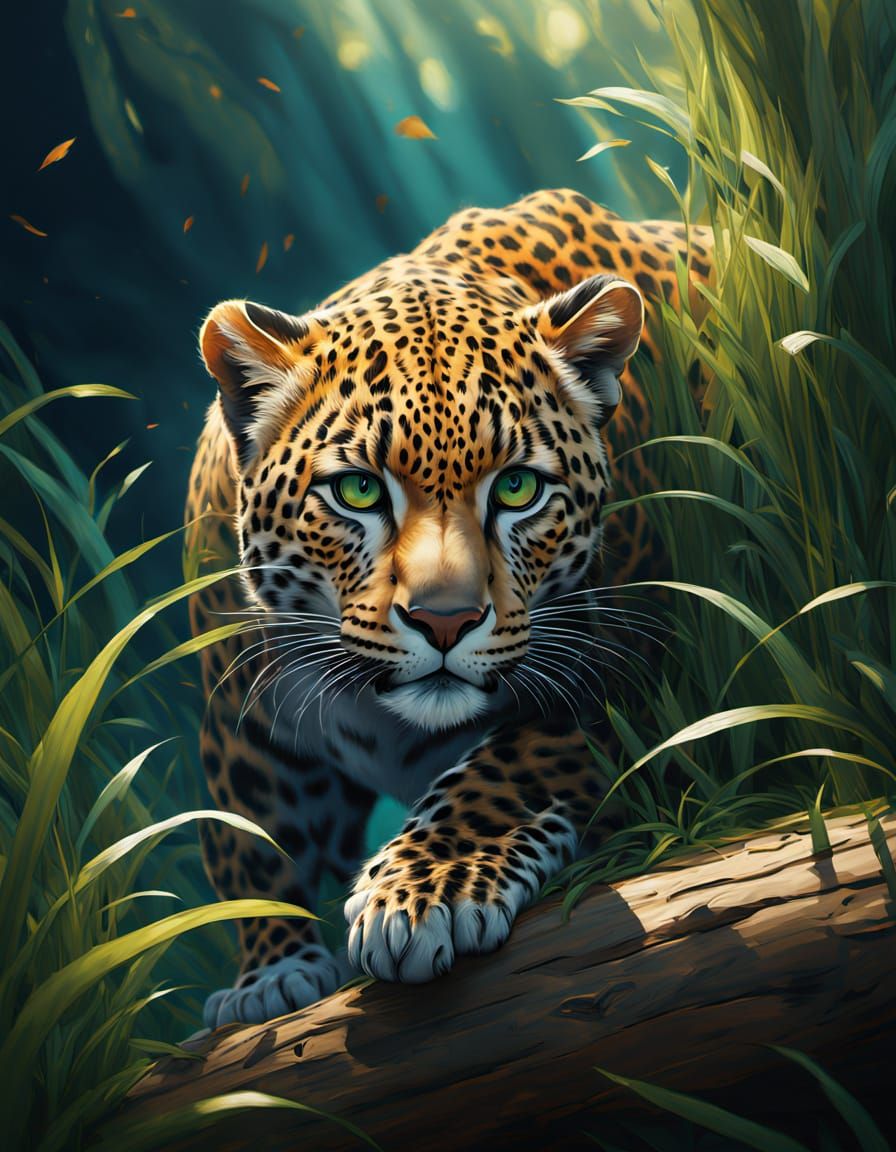 Surreal Leopard Playful Moment in Vibrant Grasslands - Unrea...