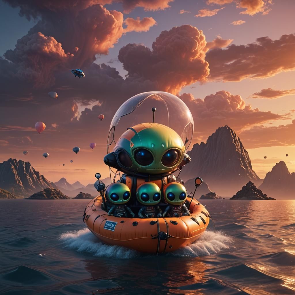 Cute aliens are sitting inside an inflatable life boat. Floa...