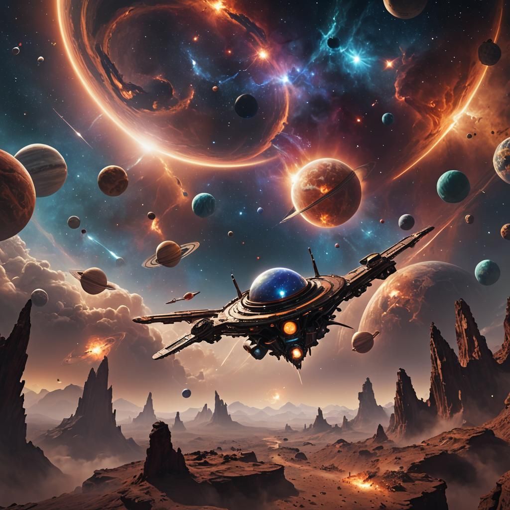 Pegusus flying through the sky with planets and nebulas in t...