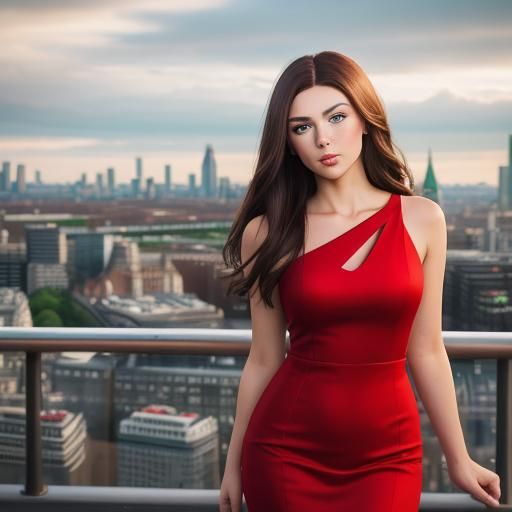 Green-eyed Brunette Beauty in a Red Dress in London