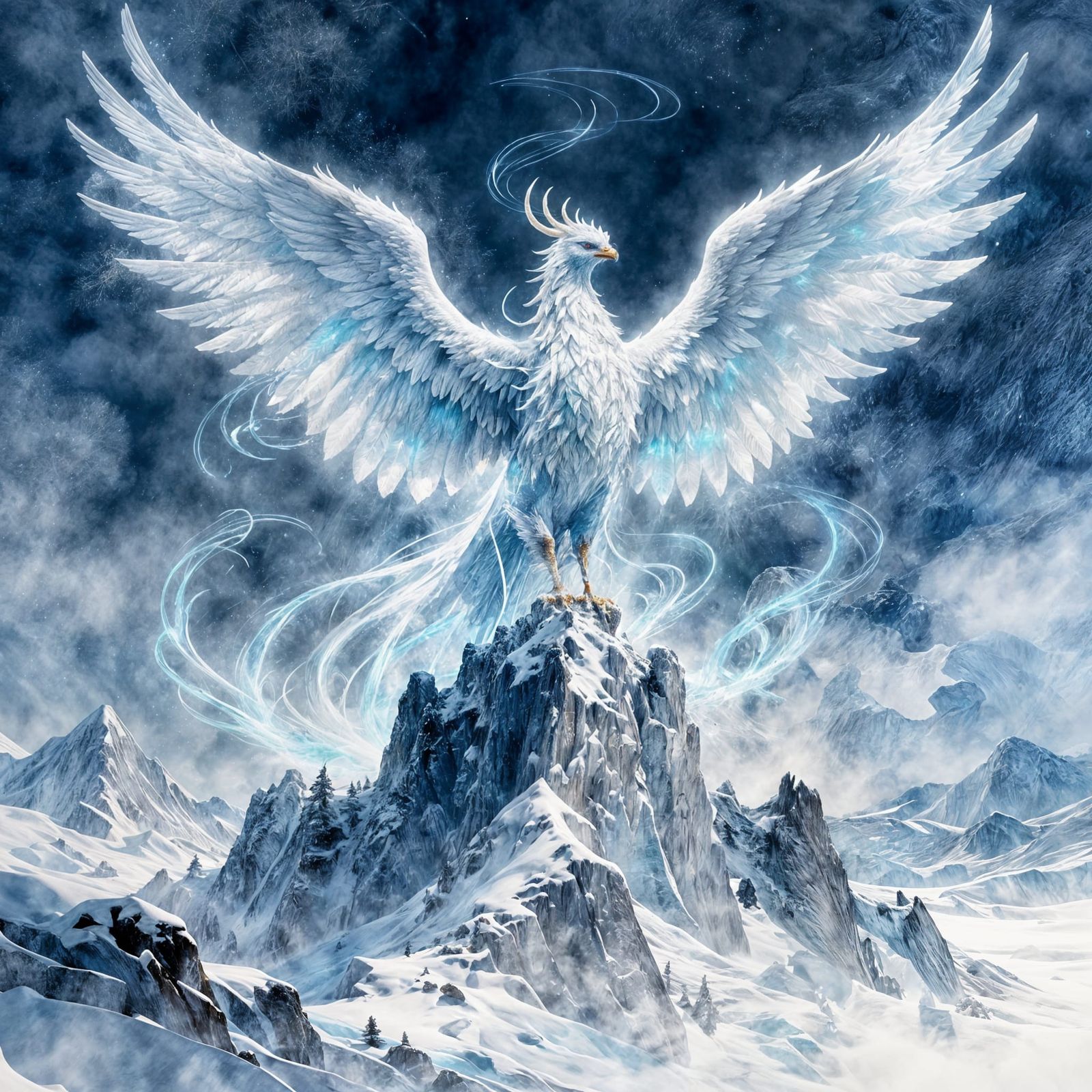 Majestic Ice Phoenix on Frosty Peak in Surreal Style