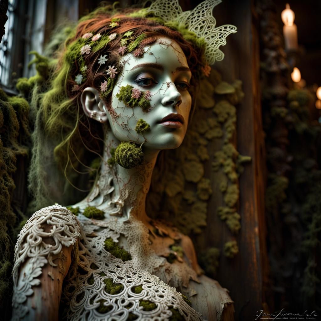 a rotting mannequin, covered in delicate filigree lacey moss. forgotten ...