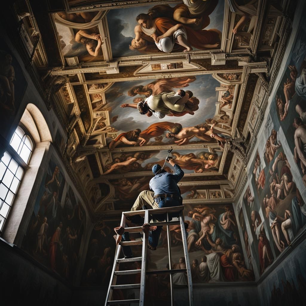 The Renaissance Master Michelangelo is painting the famous f...