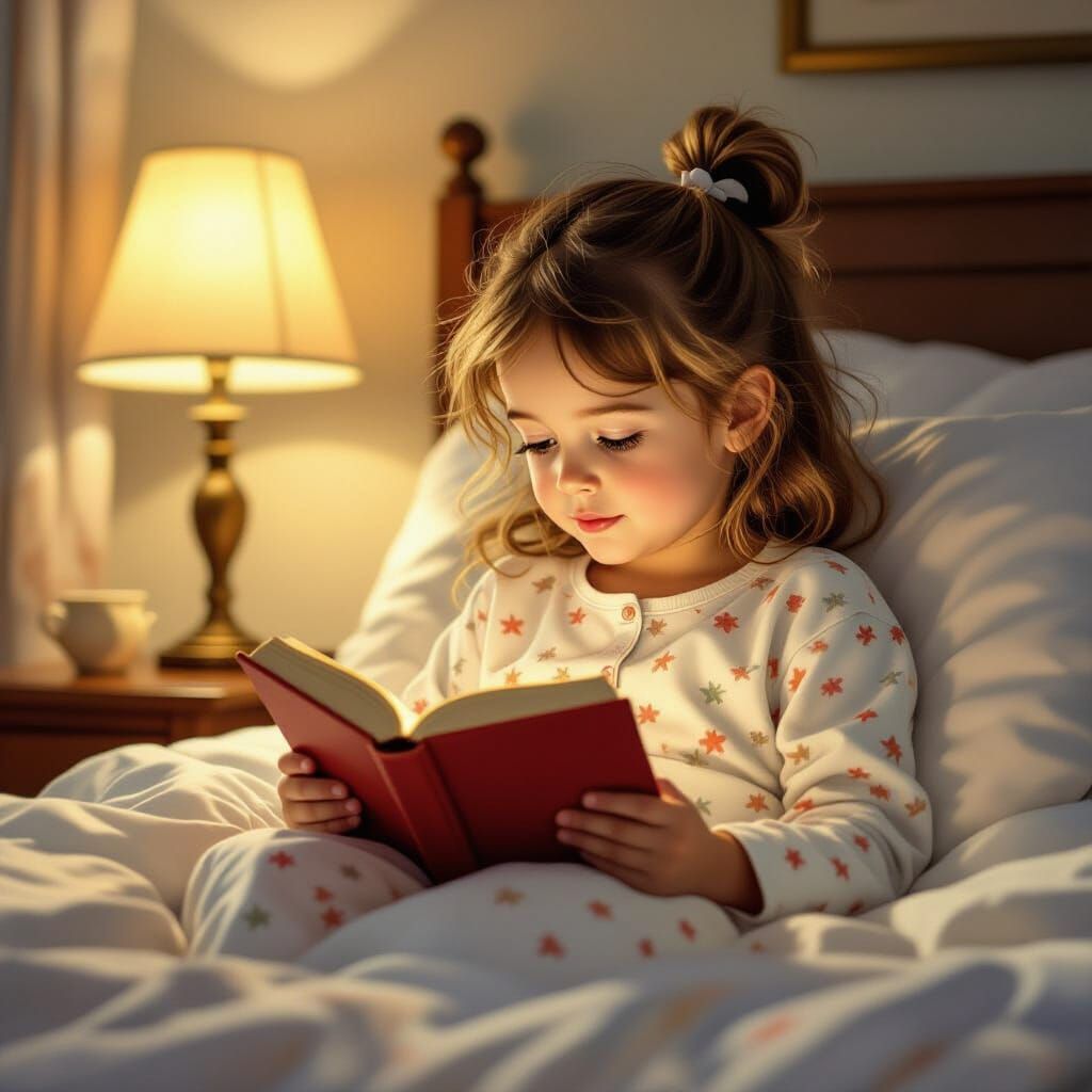 Girl Reading in Bed Before Sleep, Norman Rockwell Style