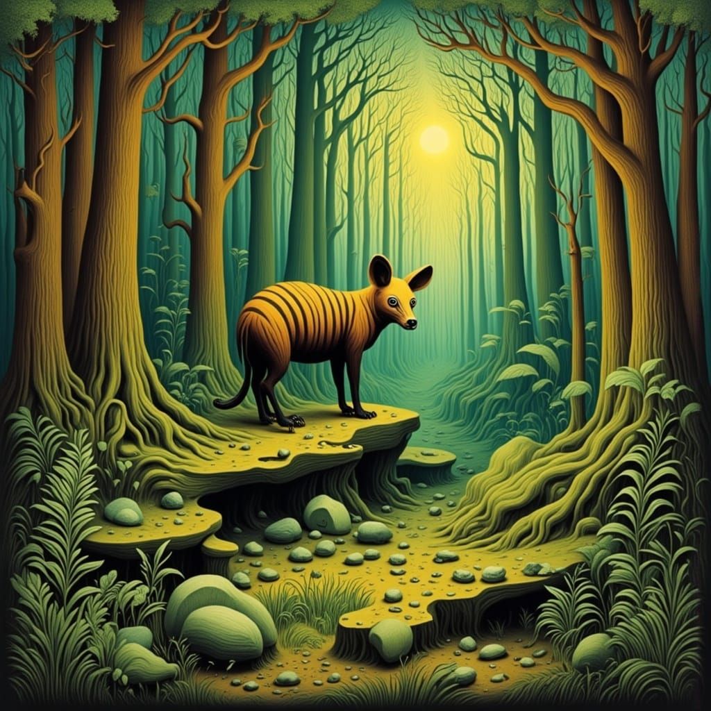 <lora:WOODCUT WHIMSY:1.0> Thylacine in a forest 