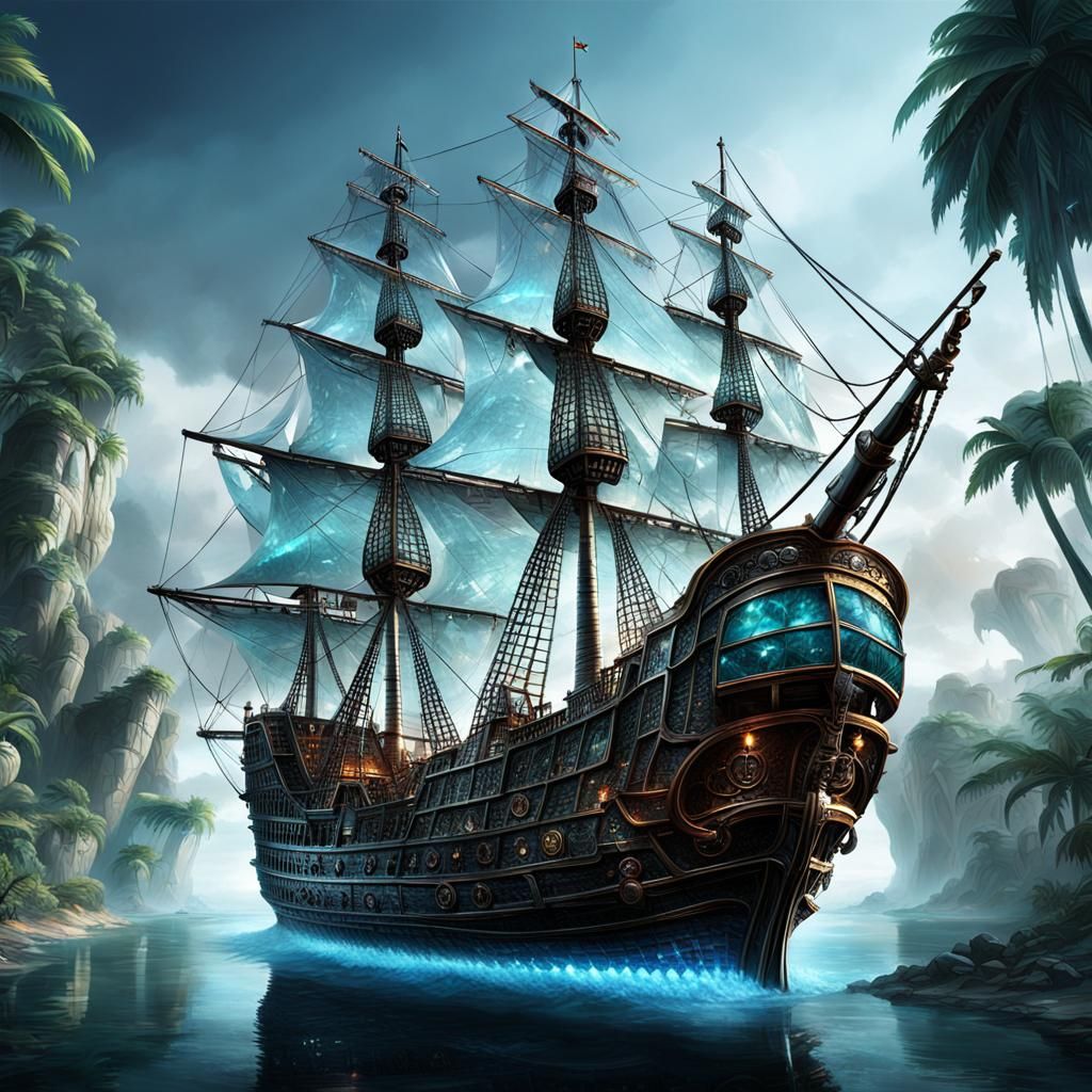 an epic (pirate ship made of crystal glass:1.9), entire ship...