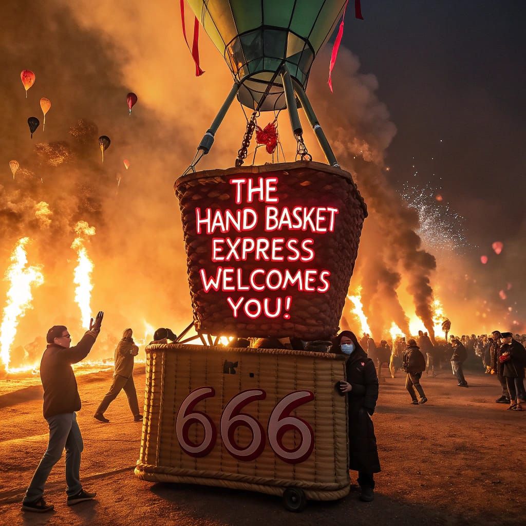 A surreal and satirical digital image depicting a group of cheerful people riding in a large woven basket labeled "The Hand Basket Express W...