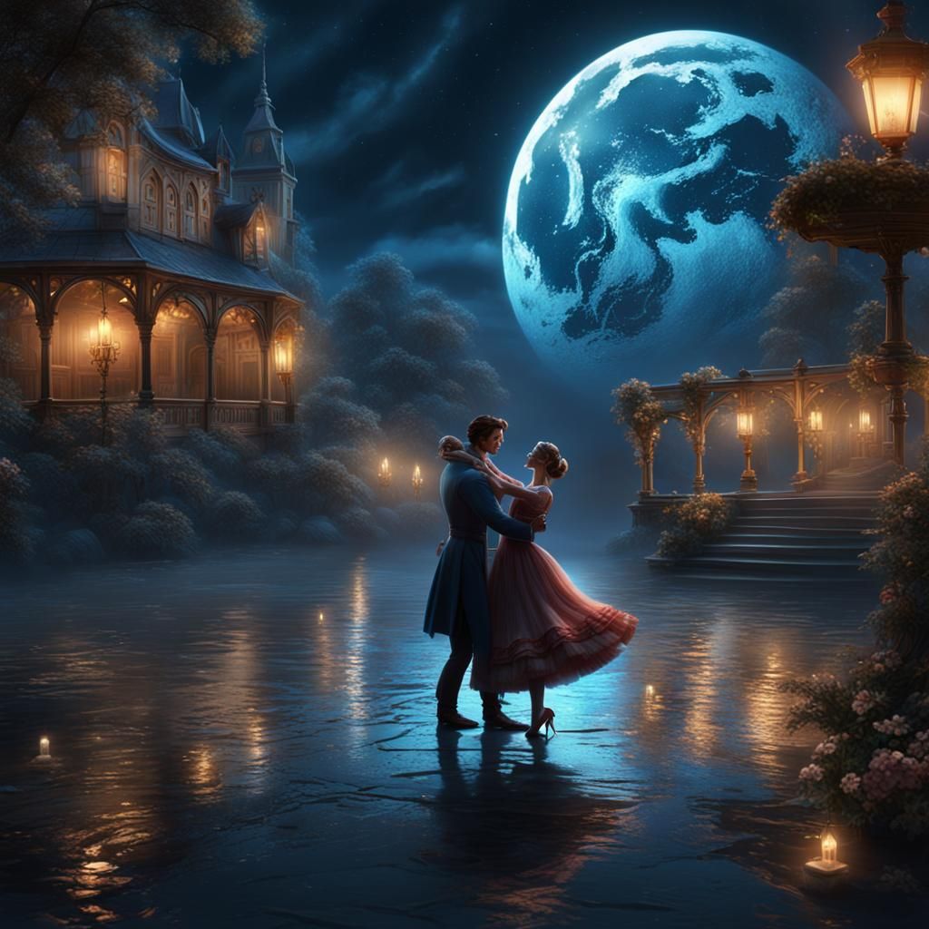 A couple waltzes in the moonlight.  The girl perform a pirou...