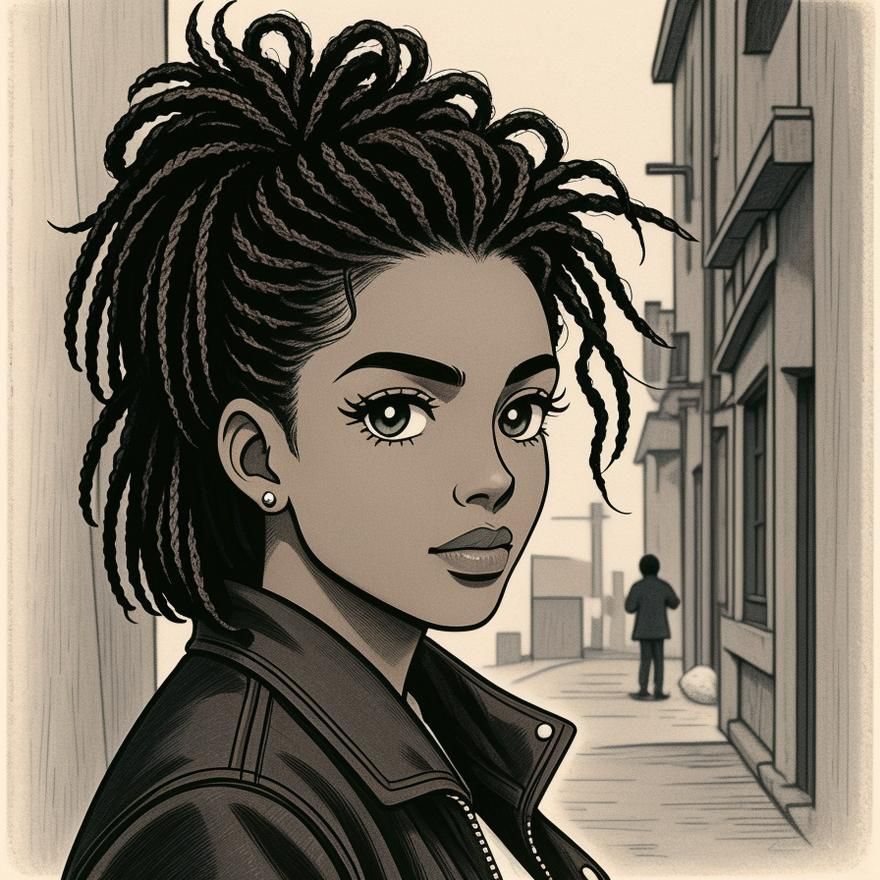 A striking portrait of a Black German woman, her gaze intense and thoughtful, set against a backdrop of abstract, swirli...