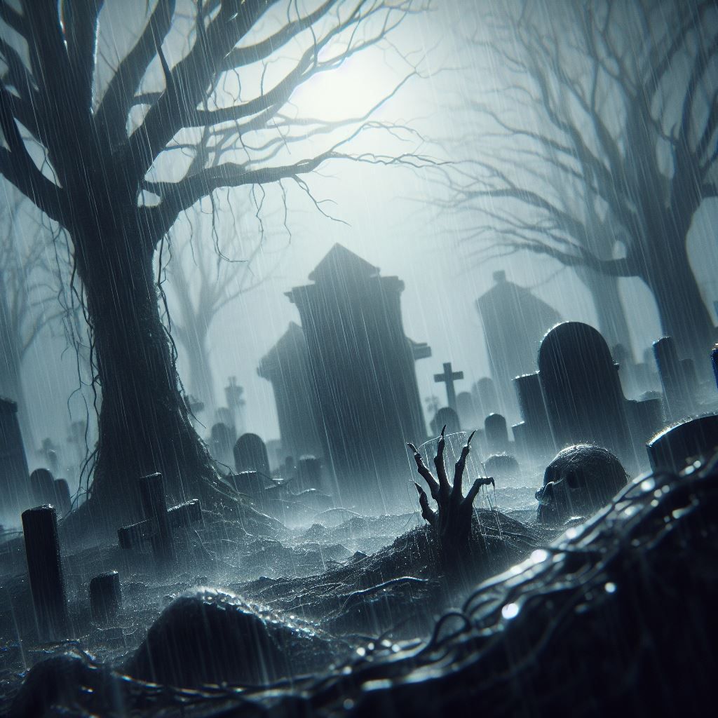a gloomy cemetery, rainy night